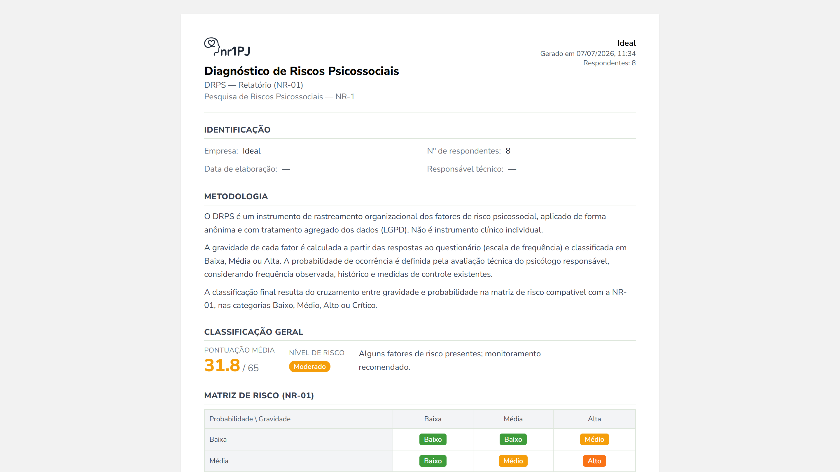 Tela de relatório: laudo de diagnóstico de riscos psicossociais pronto para auditoria